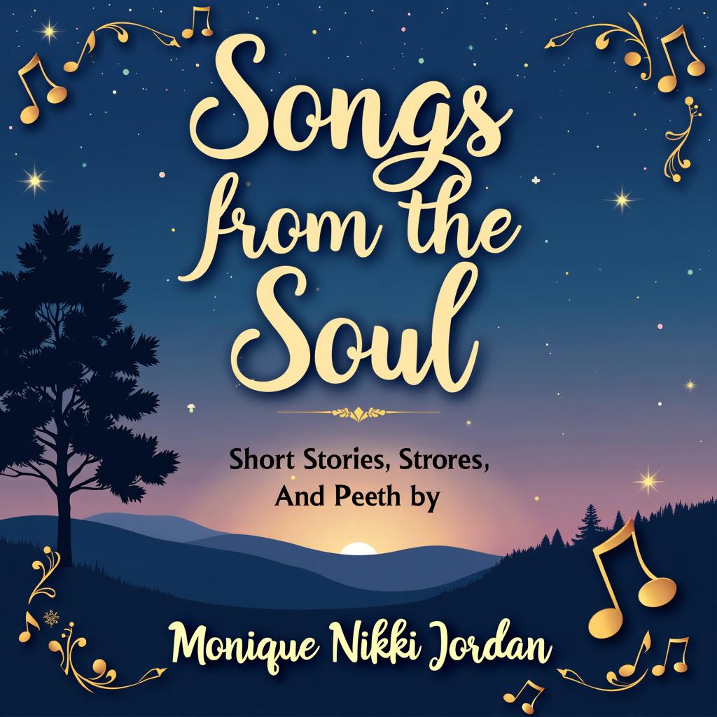 Design a book cover for 'Songs from the Soul; Short Stories and Poems' by Monique Nikki Jordan, featuring a tranquil twilight sky background, elegant fonts, and subtle artistic elements like musical notes