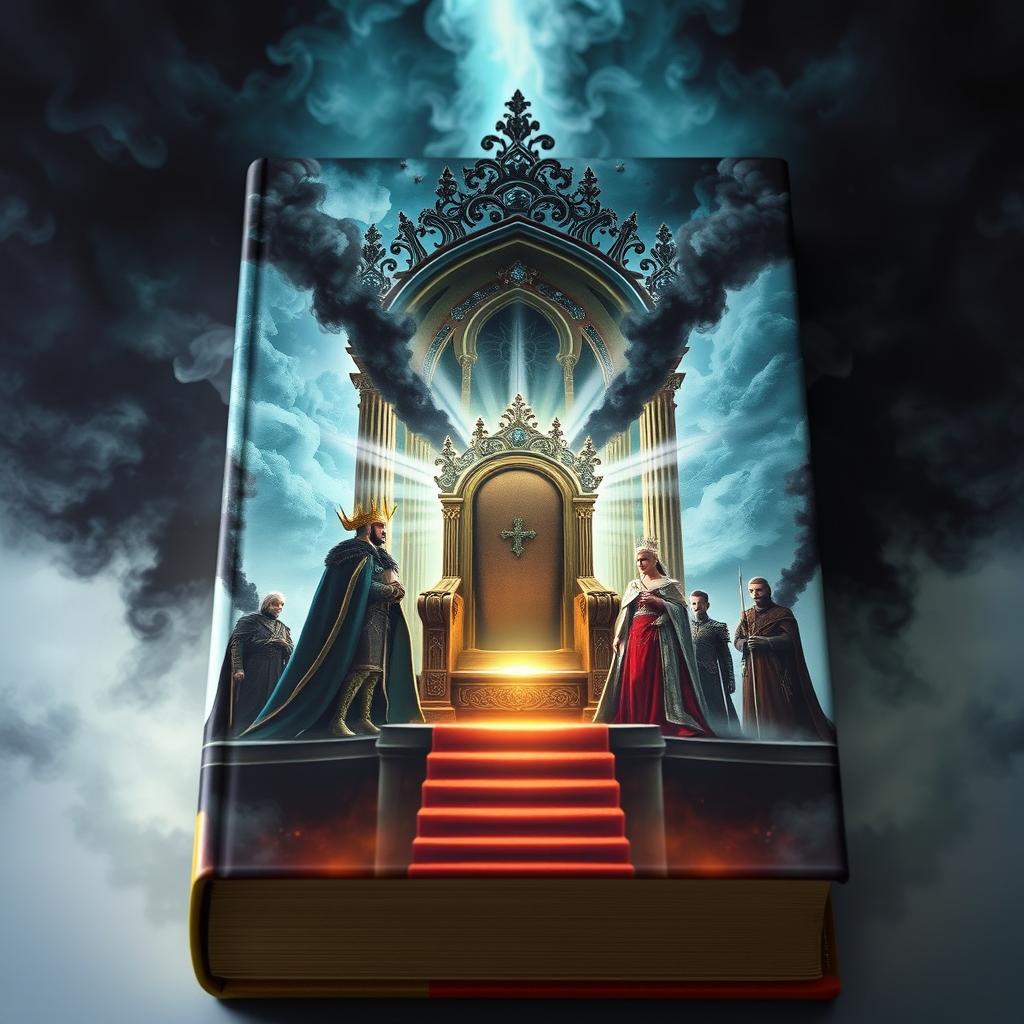 A captivating book cover showing a majestic throne at the center with light radiating from it