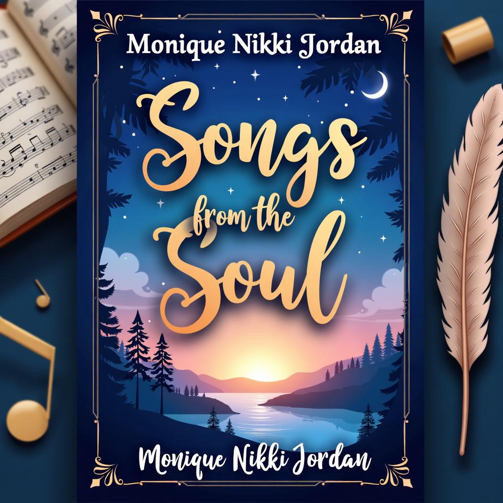 Design a book cover for 'Songs from the Soul; Short Stories and Poems' by Monique Nikki Jordan, featuring a tranquil twilight sky background, elegant fonts, and subtle artistic elements like musical notes and quill pens