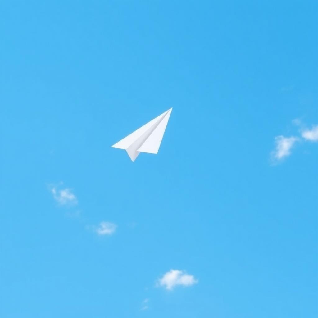 A simple paper airplane flying through a clear blue sky