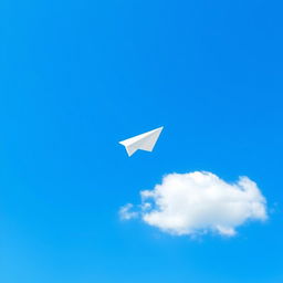 A simple paper airplane flying through a clear blue sky