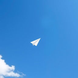 A simple paper airplane flying through a clear blue sky