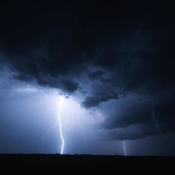 A powerful storm with dark, ominous clouds, lightning bolts, strong winds, and heavy rain, creating a dramatic and intense atmosphere