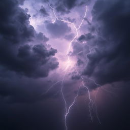 A powerful storm with dark, ominous clouds, lightning bolts, strong winds, and heavy rain, creating a dramatic and intense atmosphere