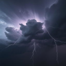 A powerful storm with dark, ominous clouds, lightning bolts, strong winds, and heavy rain, creating a dramatic and intense atmosphere