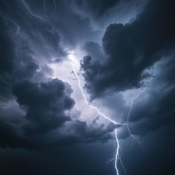 A powerful storm with dark, ominous clouds, lightning bolts, strong winds, and heavy rain, creating a dramatic and intense atmosphere