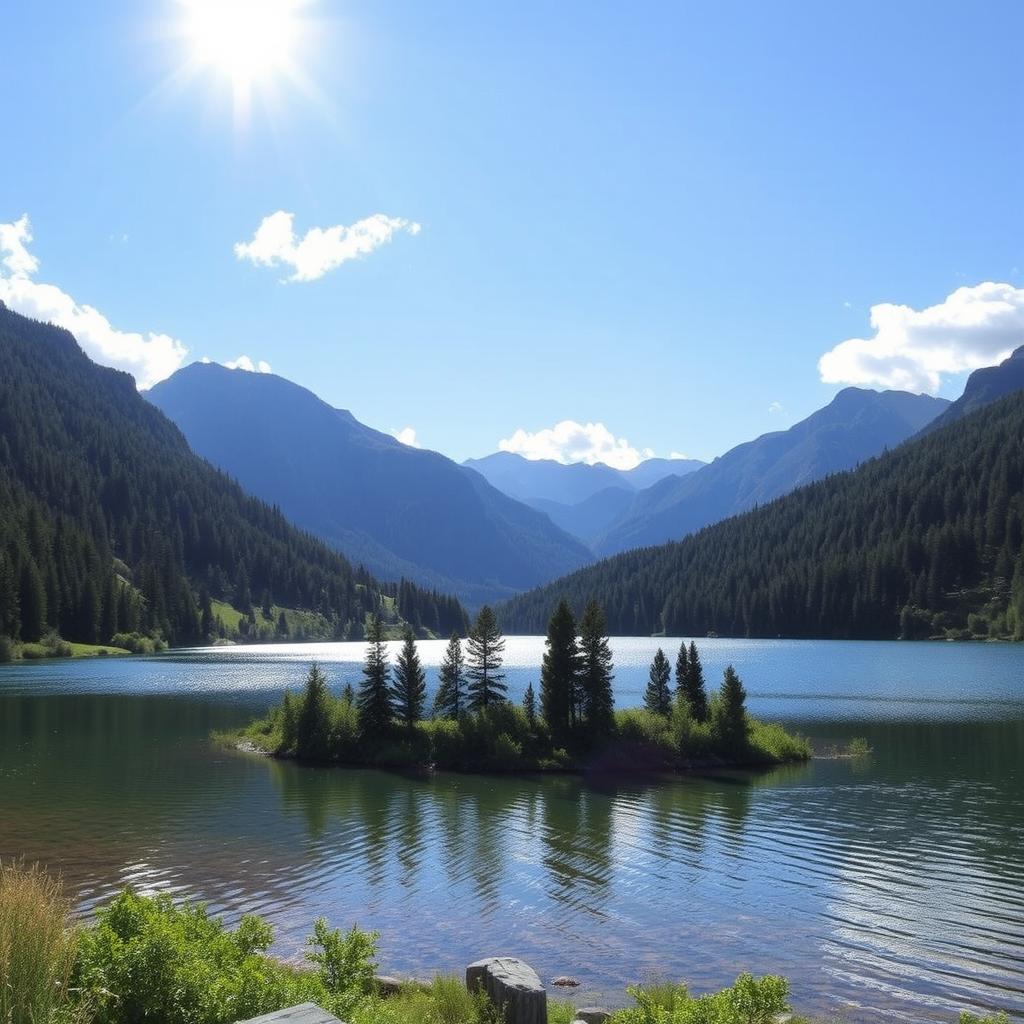 A beautiful landscape featuring a serene lake surrounded by lush green forests and majestic mountains in the background