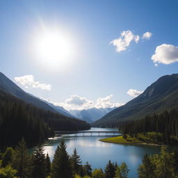 A beautiful landscape featuring a serene lake surrounded by lush green forests and majestic mountains in the background