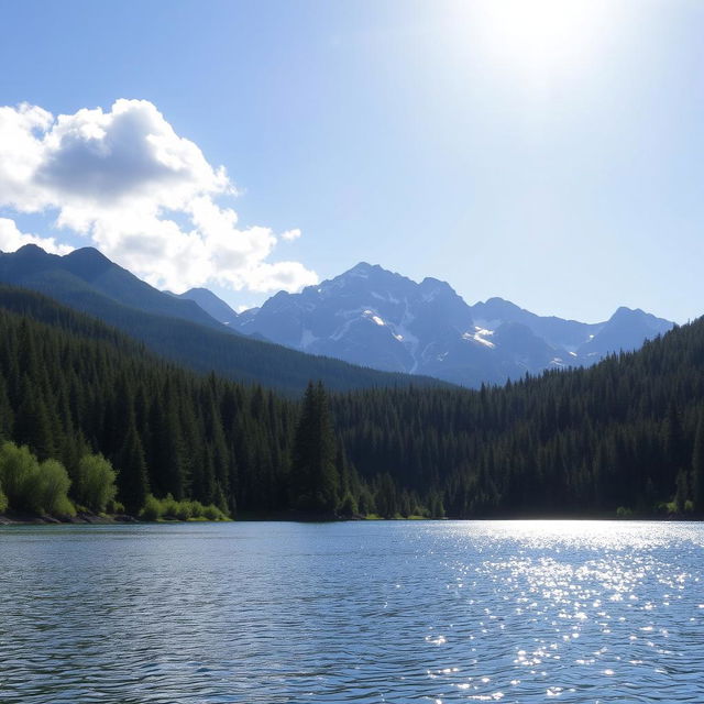 A beautiful landscape featuring a serene lake surrounded by lush green forests and majestic mountains in the background