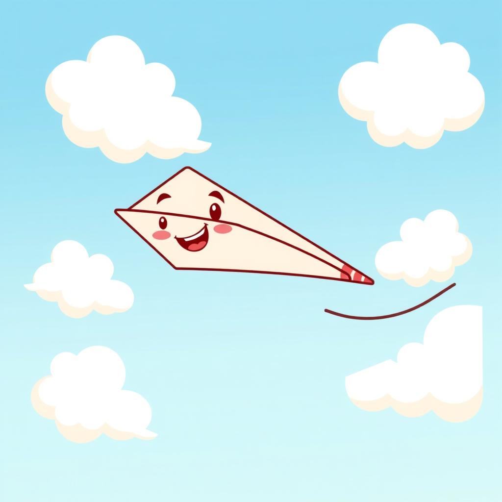 A cartoon-style paper plane flying through the sky