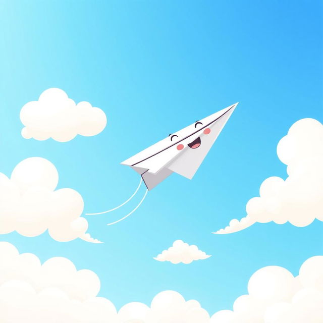 A cartoon-style paper plane flying through the sky