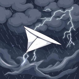 A cartoon-style paper plane flying through turbulence in the middle of a storm