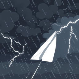 A cartoon-style paper plane flying through turbulence in the middle of a storm