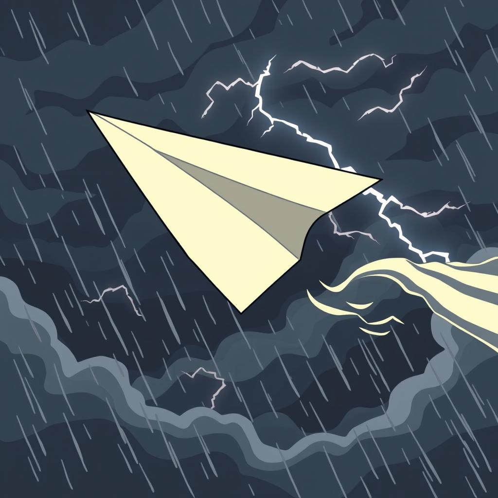 A cartoon-style paper plane flying through turbulence in the middle of a storm