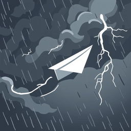 A cartoon-style paper plane flying through turbulence in the middle of a storm