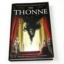 A book cover showing a throne with light at the center from which comes a black smoke with a human face, heading towards a terrified king, queen, royal guard, the queen's friend, and a scholar