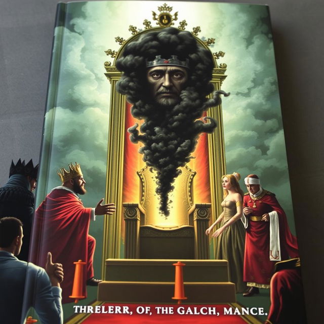 A book cover showing a throne with light at the center from which comes a black smoke with a human face, heading towards a terrified king, queen, royal guard, the queen's friend, and a scholar