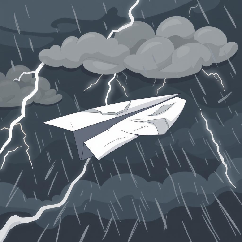 A cartoon-style paper plane, damaged and crumpled, flying through turbulence in the middle of a storm