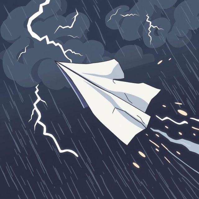 A cartoon-style paper plane, damaged and crumpled, flying through turbulence in the middle of a storm