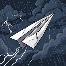 A cartoon-style paper plane, damaged and crumpled, flying through turbulence in the middle of a storm