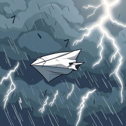 A cartoon-style paper plane, damaged and crumpled, flying through turbulence in the middle of a storm