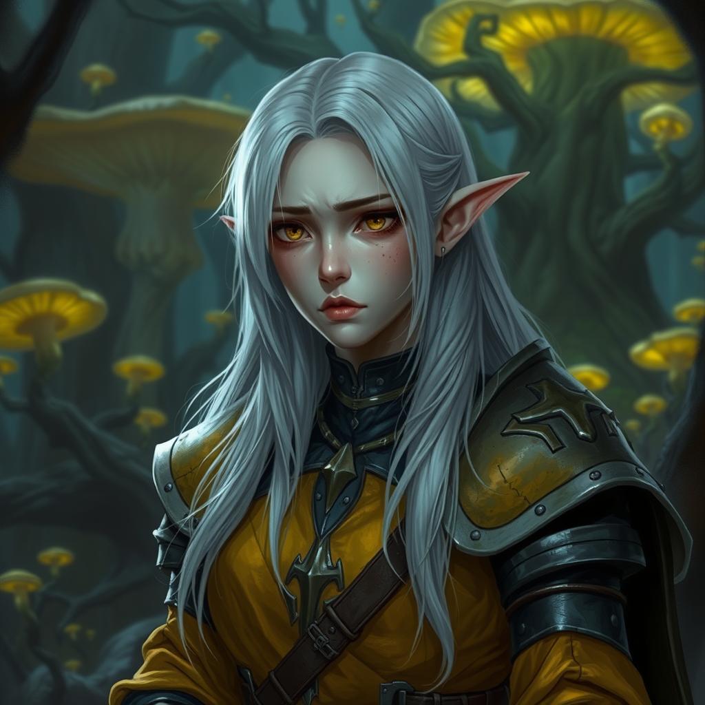 A female drow with white hair, wearing dark yellow platemail