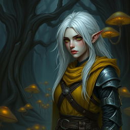 A female drow with white hair, wearing dark yellow platemail