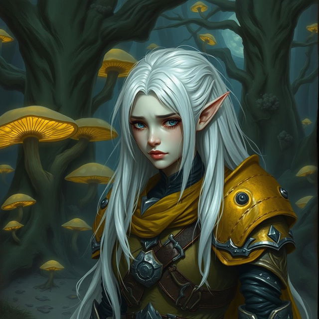 A female drow with white hair, wearing dark yellow platemail