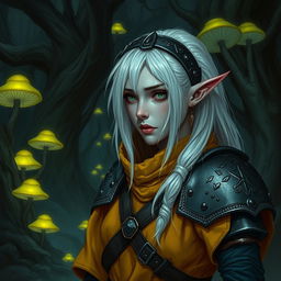 A female drow with white hair, wearing dark yellow platemail