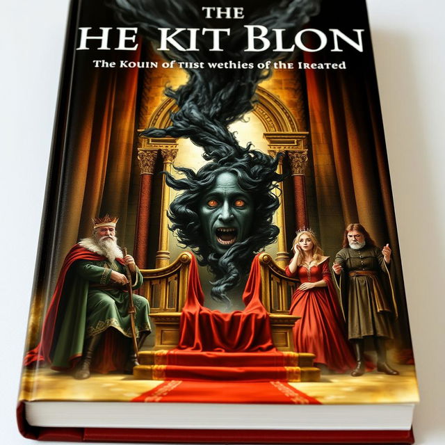 A book cover showing a throne with light at the center from which comes a black smoke with a human face, heading towards a terrified king, queen, royal guard, the queen's friend, and a scholar