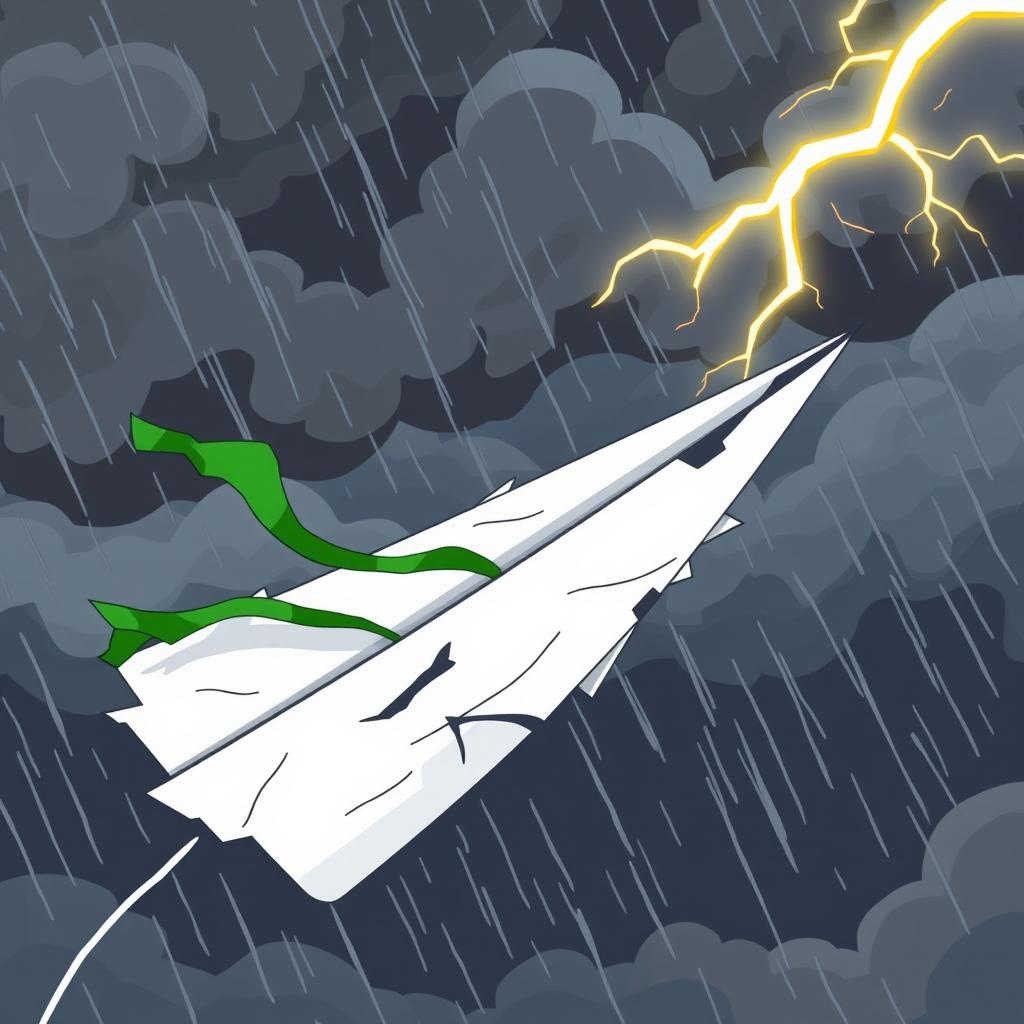 A damaged paper plane with a green ribbon caught in turbulence in the middle of a storm