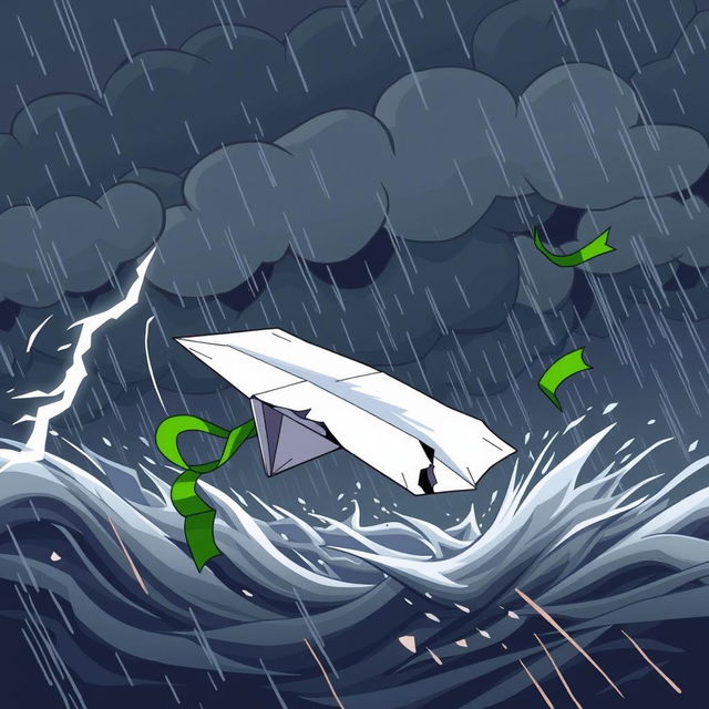 A damaged paper plane with a green ribbon caught in turbulence in the middle of a storm