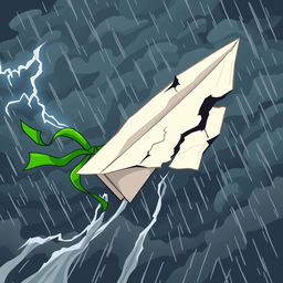 A damaged paper plane with a green ribbon caught in turbulence in the middle of a storm