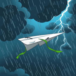 A damaged paper plane with a green ribbon caught in turbulence in the middle of a storm