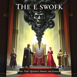 A book cover showing a throne with light at the center from which comes a black smoke with a human face, heading towards a terrified king, queen, royal guard, the queen's friend, and a scholar