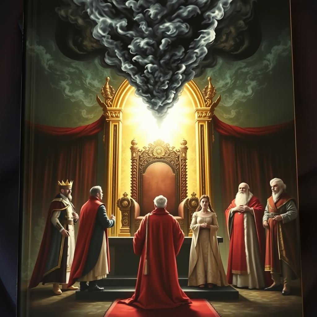 A book cover showing a throne with light at the center from which comes a black smoke with a human face, heading towards a terrified king, queen, royal guard, the queen's friend, and a scholar