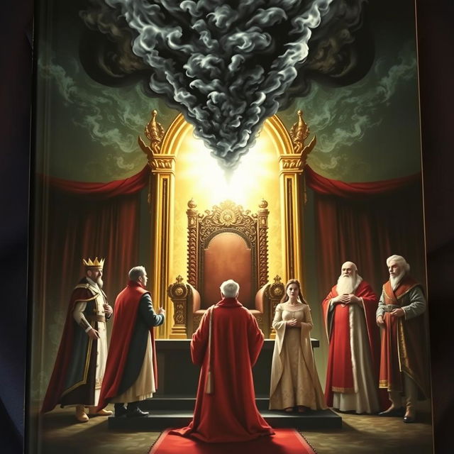 A book cover showing a throne with light at the center from which comes a black smoke with a human face, heading towards a terrified king, queen, royal guard, the queen's friend, and a scholar