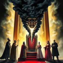 A book cover showing a throne with light at the center from which comes a black smoke with a human face, heading towards a terrified king, queen, royal guard, the queen's friend, and a scholar