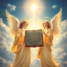 A serene and divine scene featuring angels in flowing robes with golden halos, surrounded by an ethereal glow