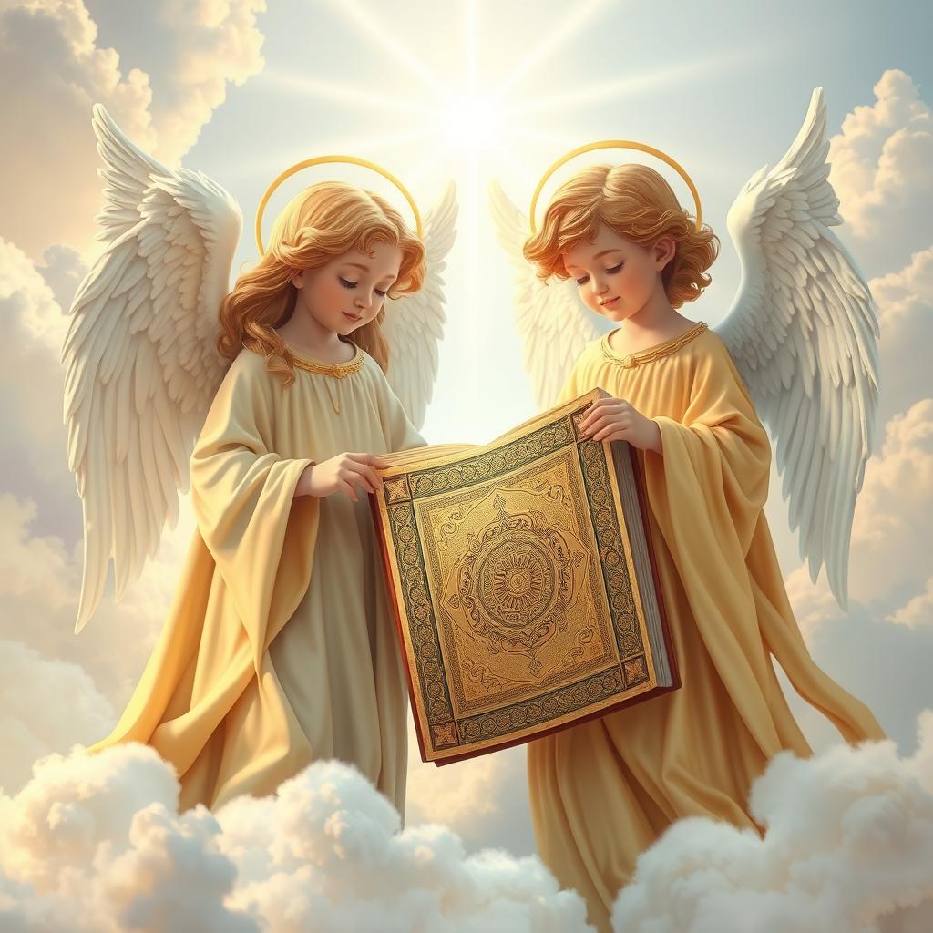 A serene and divine scene featuring angels in flowing robes with golden halos, surrounded by an ethereal glow