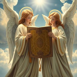 A serene and divine scene featuring angels in flowing robes with golden halos, surrounded by an ethereal glow