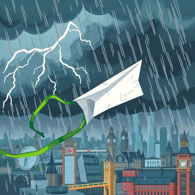 A damaged paper plane with a green ribbon caught in turbulence in the middle of a storm over cartoon-style London