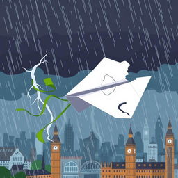 A damaged paper plane with a green ribbon caught in turbulence in the middle of a storm over cartoon-style London