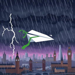 A damaged paper plane with a green ribbon caught in turbulence in the middle of a storm over cartoon-style London