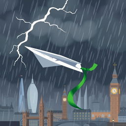 A damaged paper plane with a green ribbon caught in turbulence in the middle of a storm over cartoon-style London