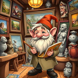 A detailed illustration of a dwarf artist in a cozy studio, surrounded by paintings and sculptures