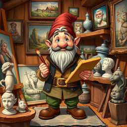 A detailed illustration of a dwarf artist in a cozy studio, surrounded by paintings and sculptures