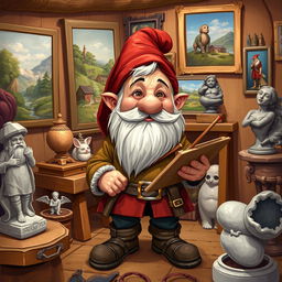 A detailed illustration of a dwarf artist in a cozy studio, surrounded by paintings and sculptures