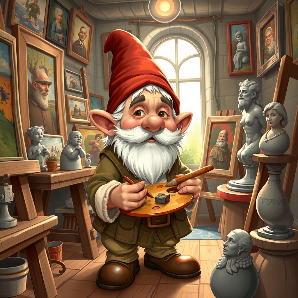 A detailed illustration of a dwarf artist in a cozy studio, surrounded by paintings and sculptures