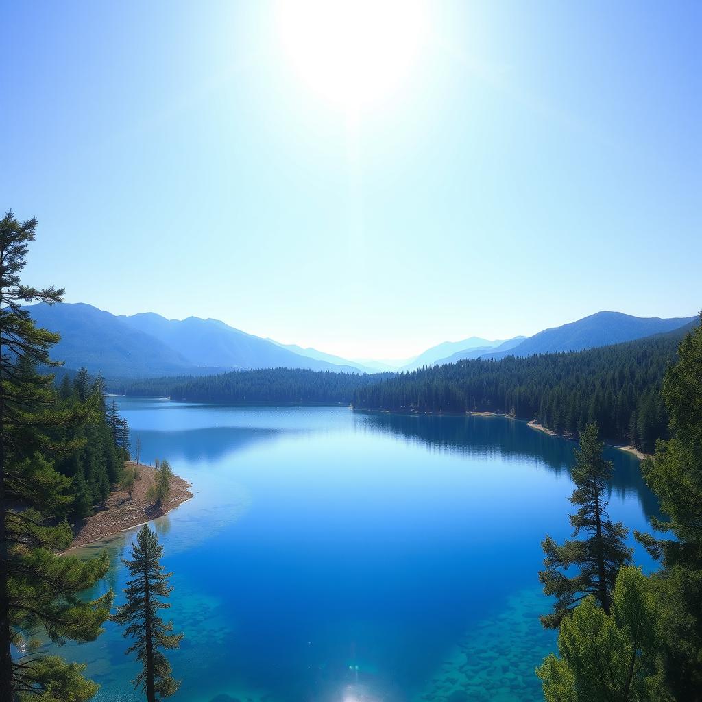 Generate an image of a serene landscape featuring a clear blue lake surrounded by lush green trees and mountains in the background under a bright, sunny sky